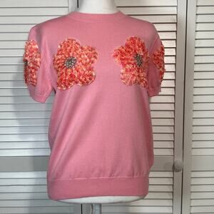 NWOT Pink Rhinestone 3D Flower Knitted Bubble Style Short Sleeve Sweater Women S
